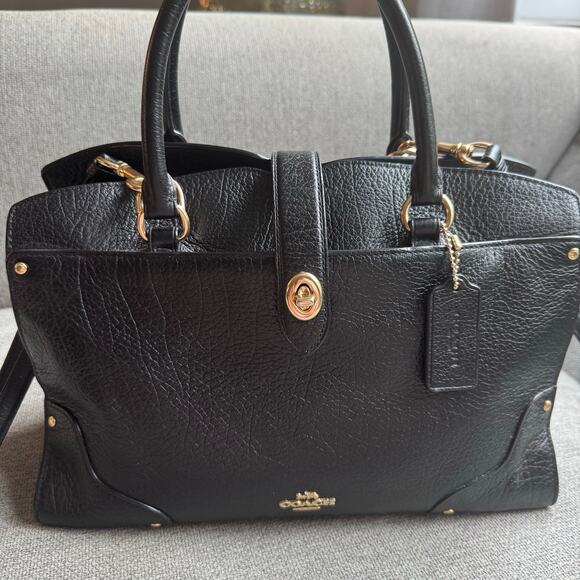 COACH Womens Mercer Satchel Hand Shoulder Bag Black Grain Leather Gold Turn Lock - Picture 3 of 16